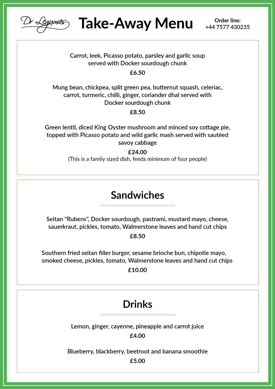 Dr Legumes Take Away Menu