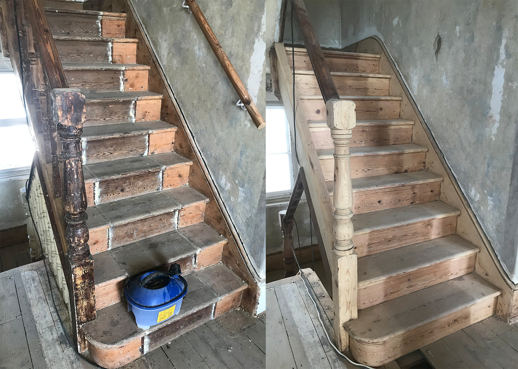 Stairs, before and after sanding Sunny Sands House