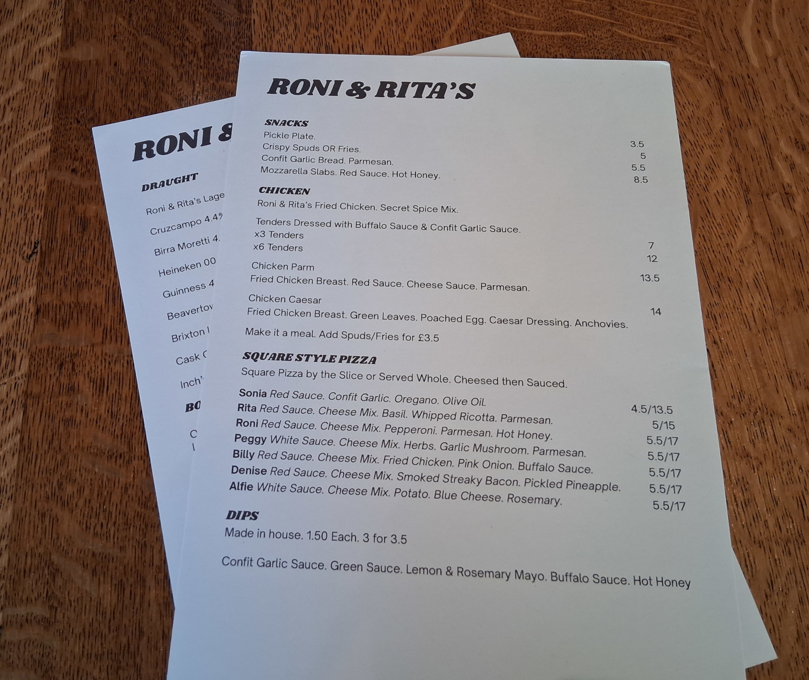 Roni and Rita's menu